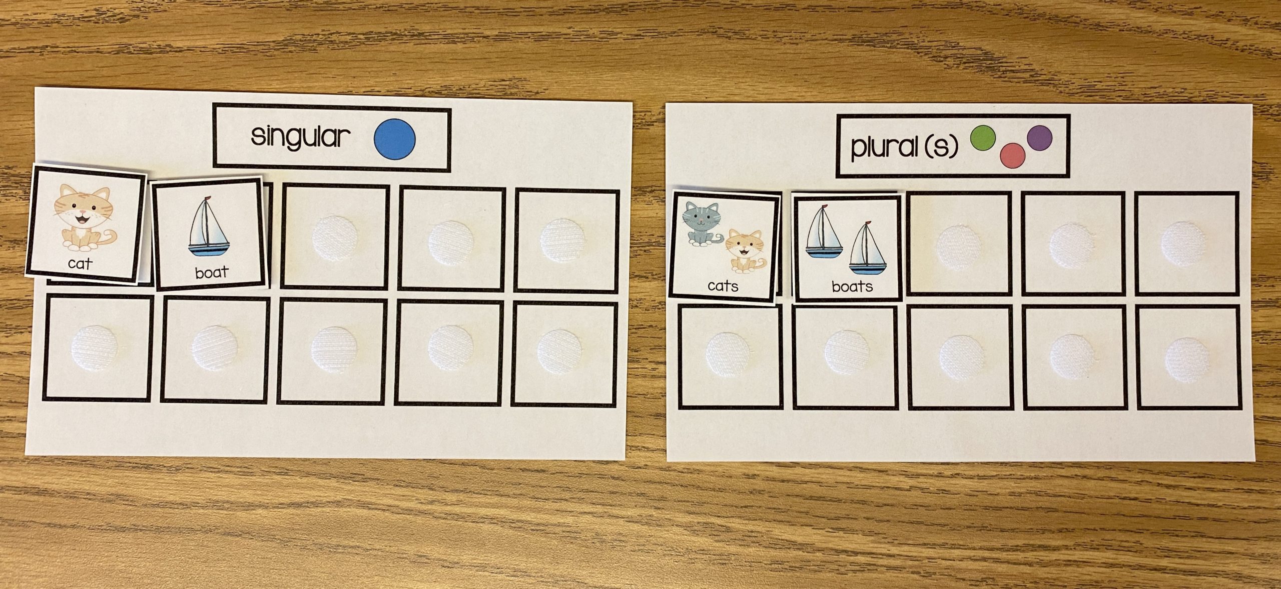 Activities for Teaching Plural Concepts boards with cat and boat