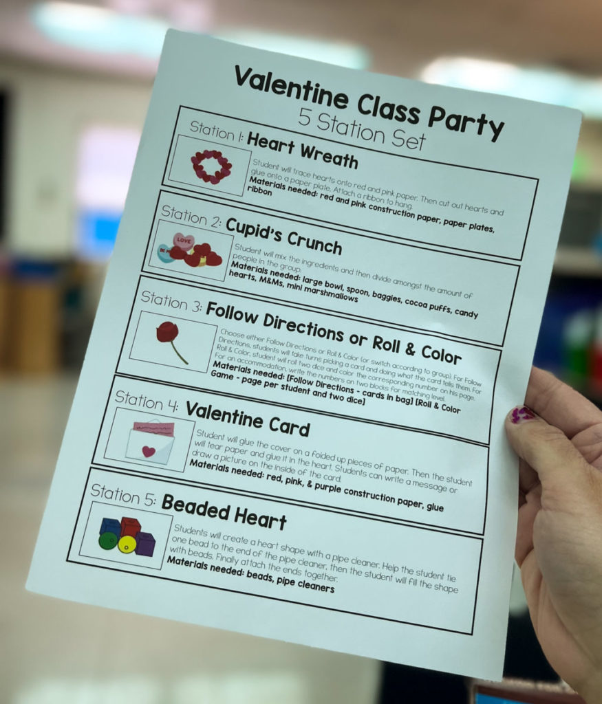 Here is a photo of the overall list of stations included in the Valentine's Day Class Party Set Up Kit.