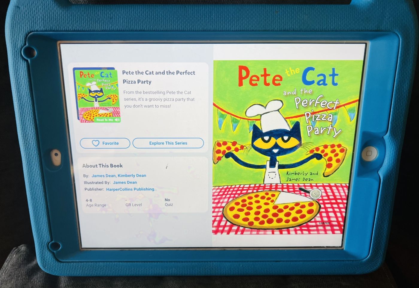 Easy SetUp Centers 1 This photo shows an iPad with the epic app and the book Pete the Cat Pizza Party.